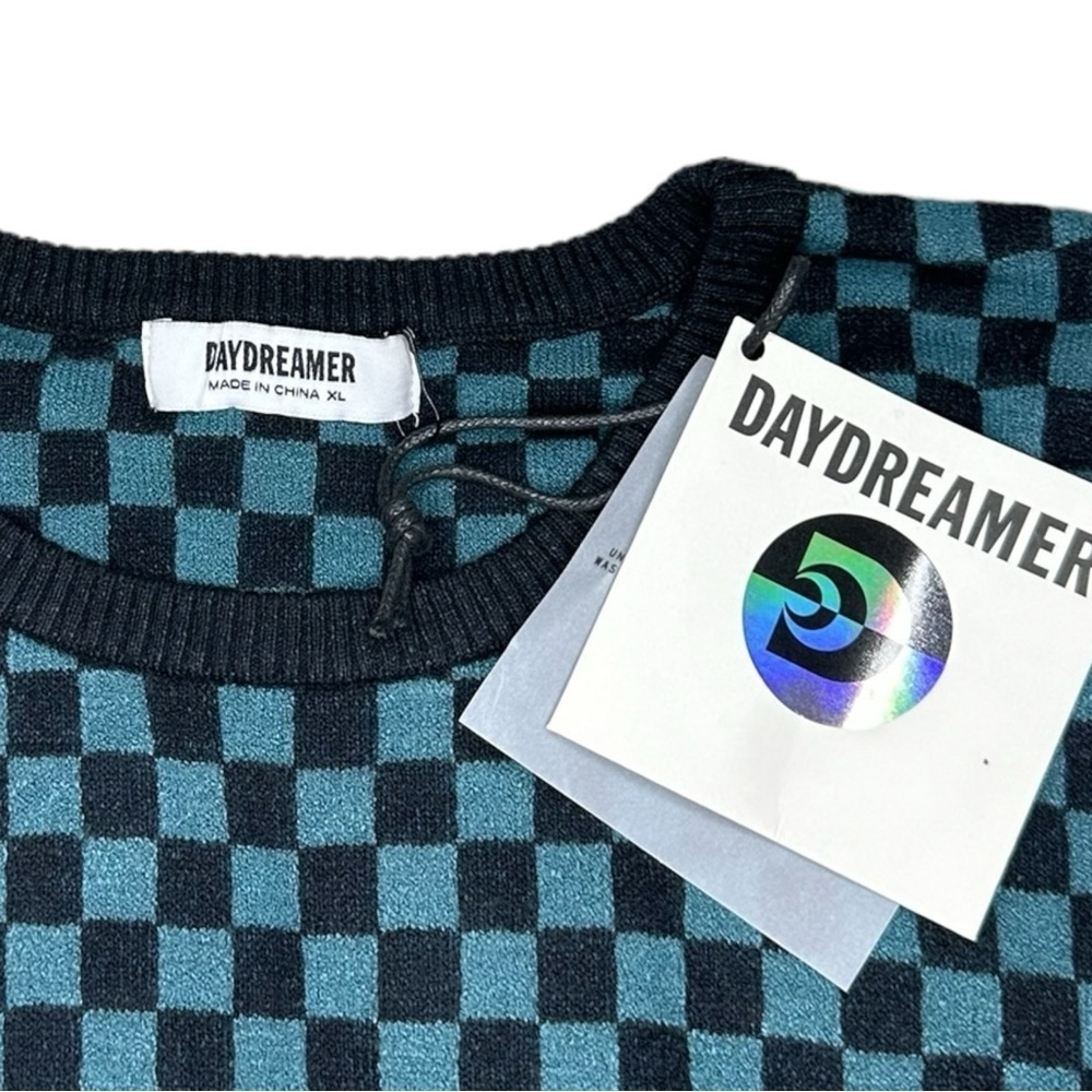 Daydreamer LA Teal Green Black Checkered Pullover Long Sleeve Sweater XL NWT - Picture 4 of 8